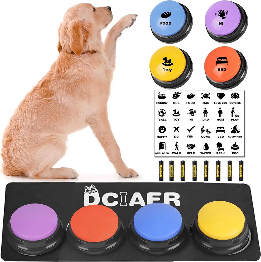 Dog Buttons for Communication,Talking Buttons for Dogs,4 Recordable Sound Buttons + 24 Scene Patterns + 1 Dog Button Mat+ 8 AAA Batteries