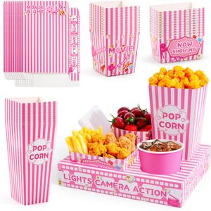 48 Pcs Movie Night Party Supplies Include 12 Paper Snack Trays 12 Popcorn Buckets 12 Snack Boxes 12 Food Bowls, Disposable Cinema Theater Accessories for Family Outdoor Party Birthday (Pink)