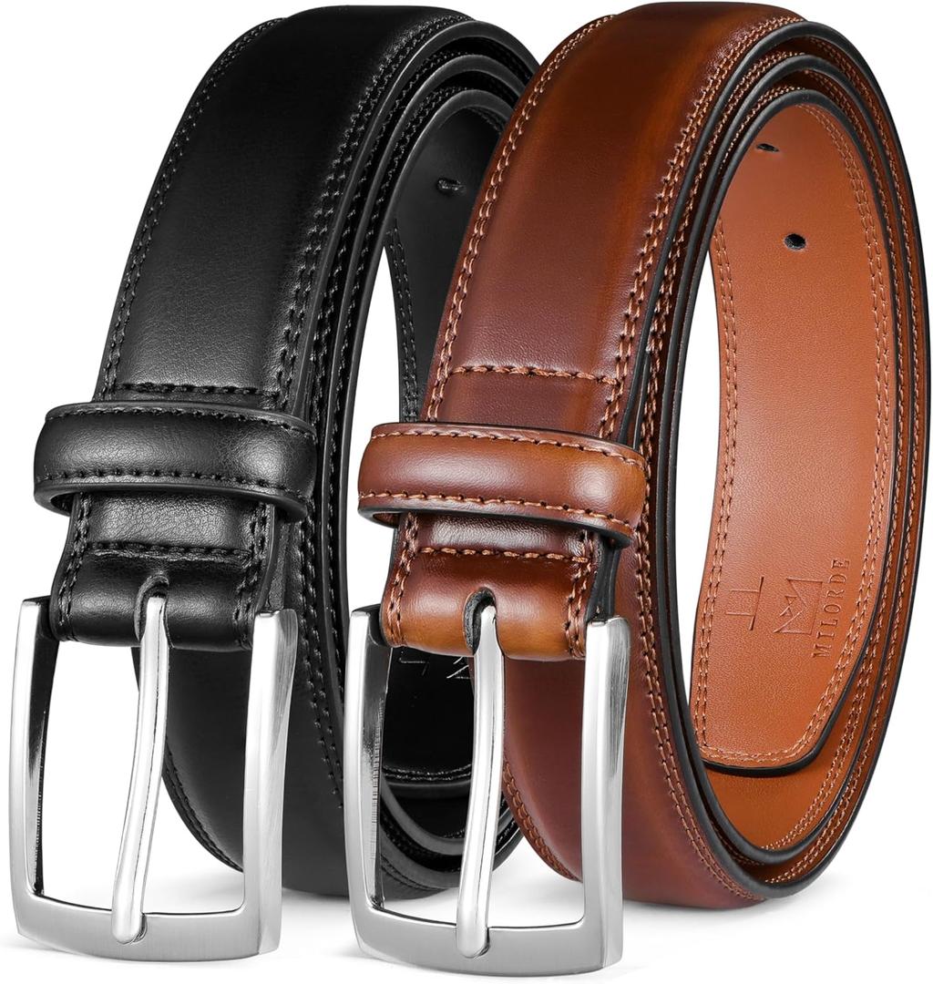 MILORDE Men's Leather Dress Belt 2Pack, Handmade, Genuine Leather, Fashion & Classic Designs for Work Business and Casual (Brown)