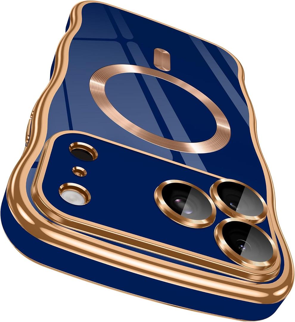 GVIEWIN for iPhone 17 Pro Case [Compatible with MagSafe][Upgraded Full Camera Protection][Cute Wave Frame] Glossy Slim Shockproof Protective Magnetic Phone Case for iPhone 17 Pro 6.3", Blue