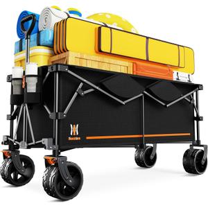 Navatiee Big Wheels Collapsible Wagon Cart Foldable, Heavy Duty Beach Wagon with Silent All-Terrain Wheels, Folding Utility Grocery Cart with Side Pocket and Brakes for Camping Garden Sports, Black