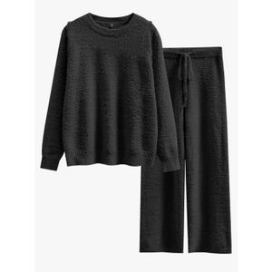 ANRABESS Women's Fuzzy Fleece Pajama Sets 2 Piece Outfits Long Sleeve Top Wide Leg Pants Lounge Matching Set 2025 Fall Winter M