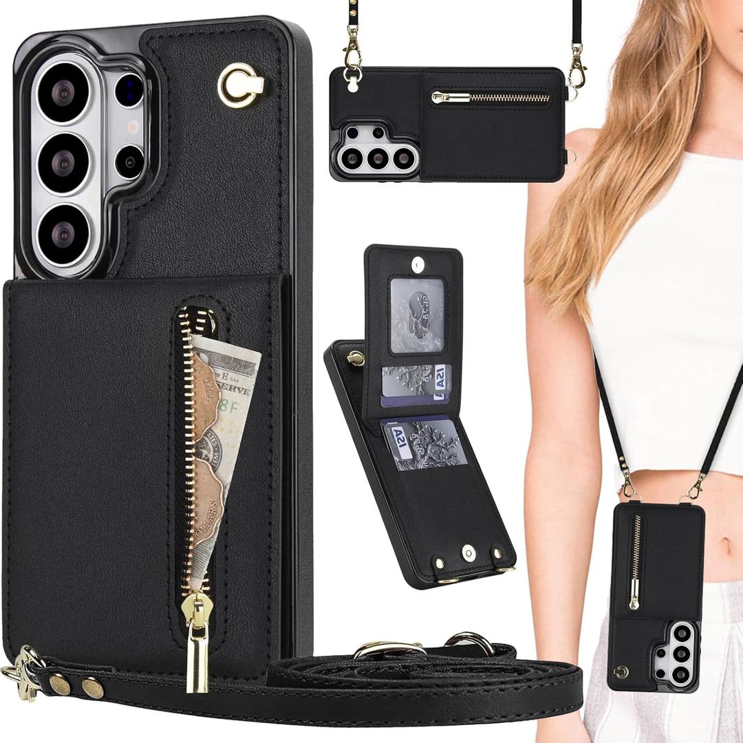 Crossbody Wallet Case for Samsung Galaxy S26 Ultra with Card Slots Holder, Women PU Leather Lanyard Strap [RFID-Blocking] Zipper Purse Cover with Kickstand for Galaxy S26 Ultra ZP Black