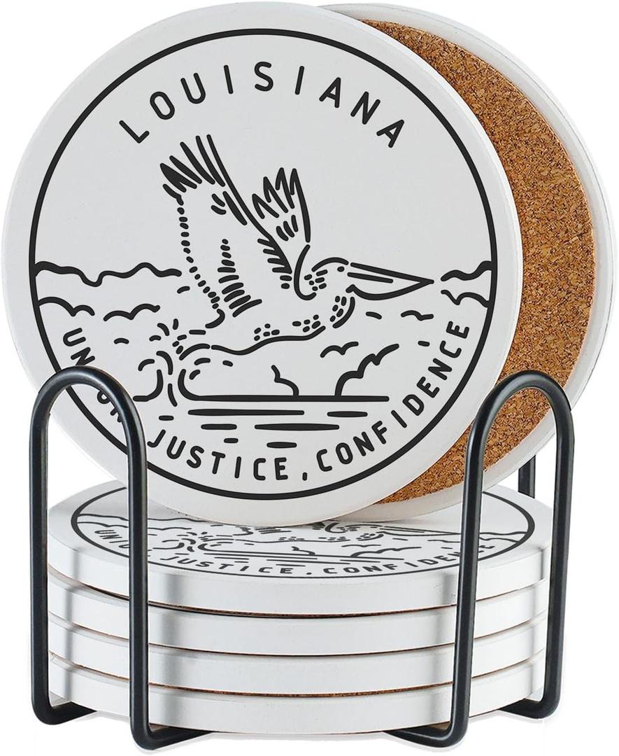 Onebttl Louisiana Gifts Coaster Souvenir, Travel Homesick Gifts, Home Decor for Women, Moving, Housewarming, Set of 6, Ceramic, Absorbent with Cork Base