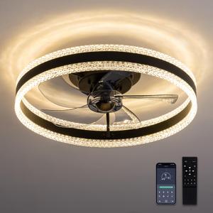 LUDOMIDE Flush Mount Ceiling Fan, Ceiling Fans with Lights and Remote, 6 Winds Speeds, 20” Low Profile Ceiling Fan 30006000K Dimmable LED Light for Bedroom, Living Room, Dining Room and Kitchen