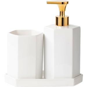 Ceramic Bathroom Accessories Complete with Soap Dispenser, Toothbrush Holder, Bathroom Tumbler, and Vanity Tray - Modern Bathroom Decor,3PCS (Gold)