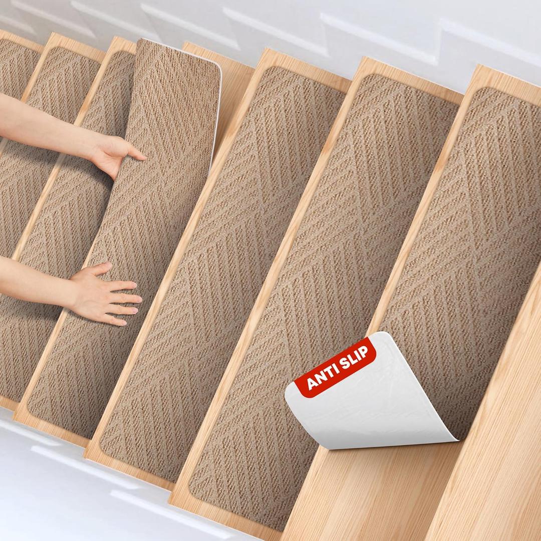 MBIGM 8 X 30inches, 15 in Pack, Non-Slip Carpet Stair Treads Non-Skid Safety Rug Slip Resistant Indoor Runner for Kids Elders and Pets with Reusable Adhesive, Cornstalk Weave