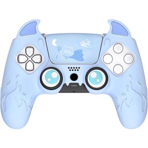 PlayVital Halloween Cute Demon Controller Silicone Case for ps5, Kawaii Controller Cover Gamepad Skin Protector for ps5 with Touch Pad Sticker & Thumb Grip Caps - Blue