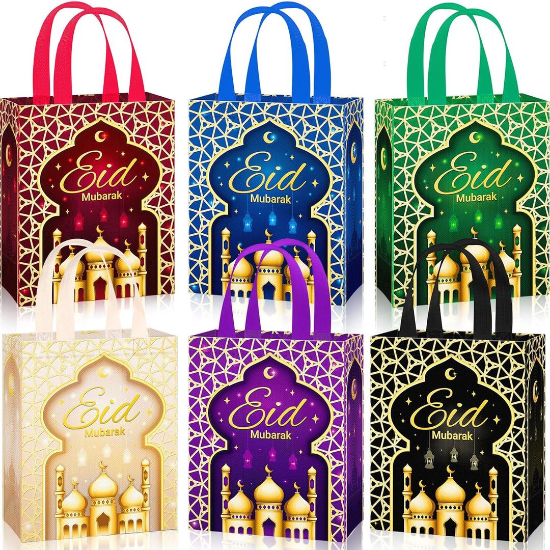 Clysee 36 Pcs Eid Mubarak Reusable Gift Bags with Handles Non Woven Ramadan Mubarak Gift Bags 6 Colors Eid Mubarak Treat Bags Gift Wrap Bags 10.2 x 8.3 x 3.9 Inch Reusable Tote Bags for Gifts