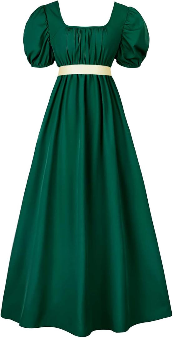 Regency Dresses for Women with Satin Sash Ruffle Empire Waist Dress Gown (Green, M)