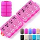 Foldable Weekly Pill Organizer 2 Times a Day with 2 Extra Compartments (Clear Printed Labels) - 7 Day AM PM Medicine Box, Week Daily Travel Pill Case Holder for Vitamin, Supplement - Clear Pink