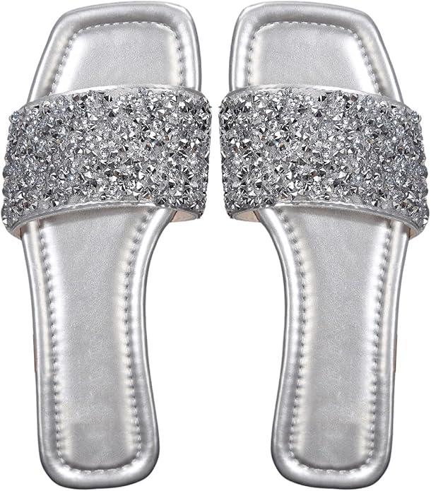 GORGLITTER Women's Sparkly Jeweled Flat Sandals Dressy Open Toe Glitter Shiny Slippers Slip-on Shoes, Size 8