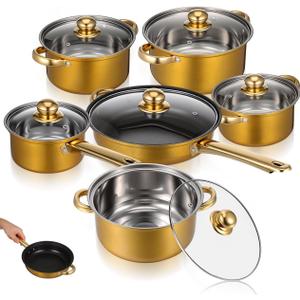 CALLARON Stainless Steel Cookware Set, 6 Piece Pots and Pans Set, Nonstick Cooking Utensils, Stockpots & Saucepans with Lids, Includes Saucepan & Stockpot for Everyday Home Use, Gold, 44.50X24.00X5.50CM
