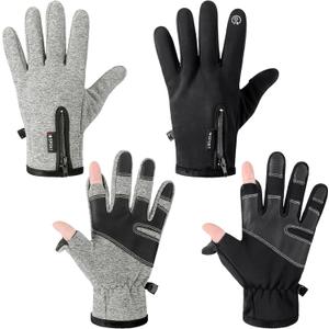 Bencailor 2 Pairs Windproof Waterproof Fingerless Gloves Winter Touchscreen Gloves Men Cold Weather Cycling Supplies (X-Large, Black,Gray)