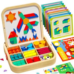 Wooden Magnetic Pattern Blocks Set with Cards, 288 PCS Montessori Tangram Puzzle Learning Toys for Toddlers 4-8, Educational STEM Gift for Kids Boys Girls 4 5 6 7 8, Medium