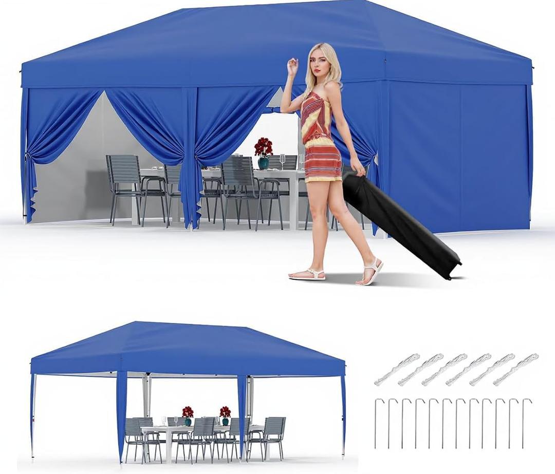 10X20 Ft Instant Pop-Up Canopy Tent-1-Push Setup Heavy Duty Portable Gazebo w/ 4 Weight Bags, Roller Bag & Full Accessory Kit | Waterproof Wind Resistant for Outdoor Events, Markets, Camping,Blue