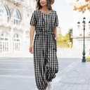 YESNO Jumpsuits for Women Casual Floral Boho Cropped Drawstring Rompers Short Sleeve Button Down One Piece Outfits PJ0 (S)
