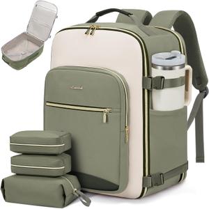 LOVEVOOK 40L Travel Backpack for Women & Men, Large Carry on Backpack for Airplanes with 3 Packing Cubes, TSA Personal Item Travel Bag fits 17" Laptop, Waterproof Weekender Essentials Airline Approved (40L-4Pcs, Light Green-beige-olive Green)