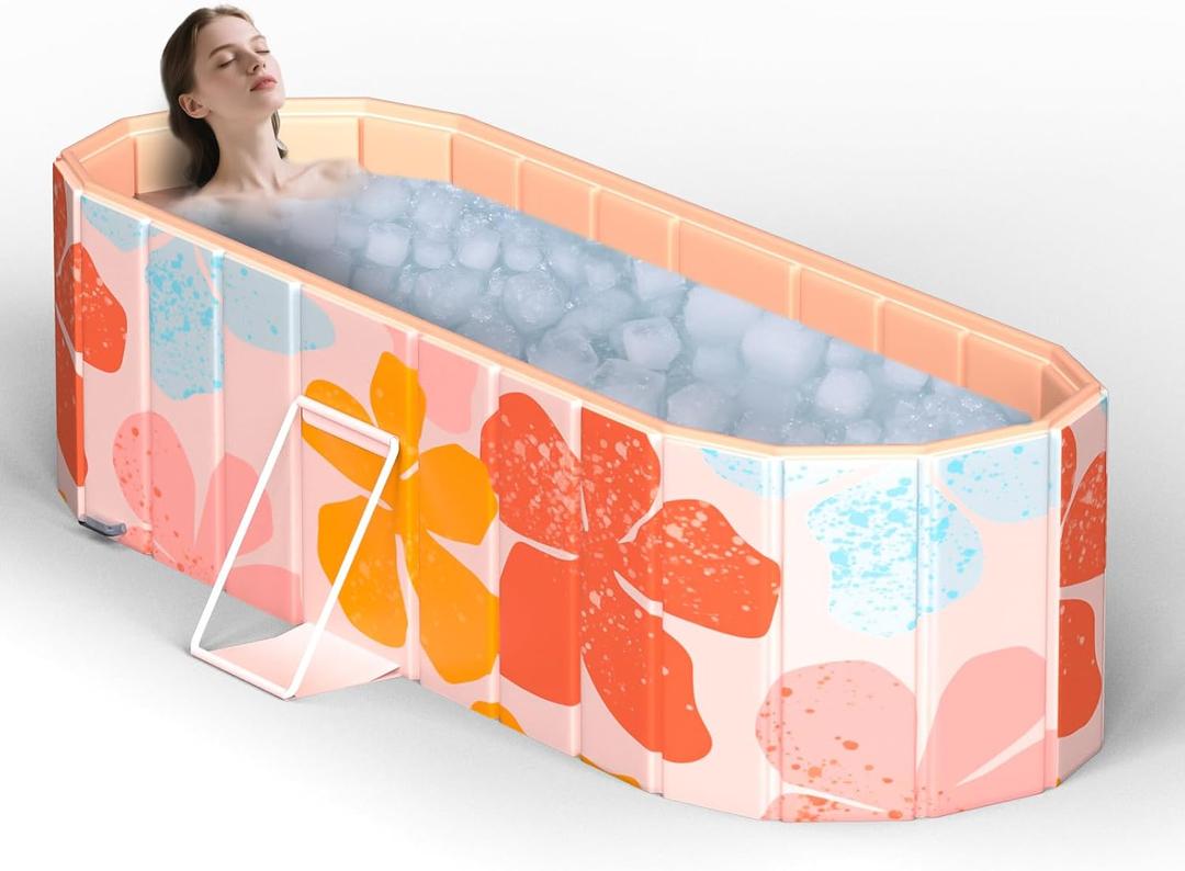 Portable Bathtub for Adults 47" Large Foldable No-Installation Soaking Tub for Shower Stall, Collapsible Standing Plunge Bath with Lid, 5-Layer Insulated Liner, Fast Drain (Pink, 47.2"21.6"19.6")