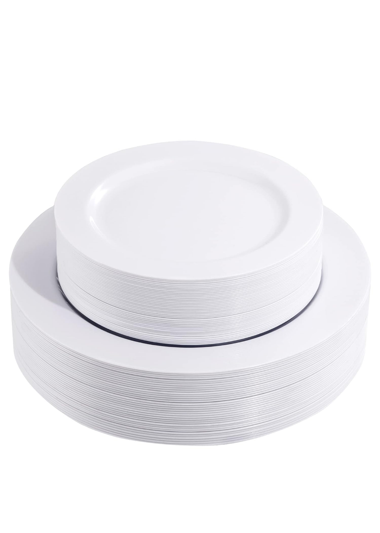 FLOWERCAT 60PCS White Plastic Plates - Heavy Duty White Disposable Plates for Birthday Party/Wedding -serve for 30 guests Include 30PCS 10.25" Dinner Plates & 30PCS 7.5" Dessert Plates for Party