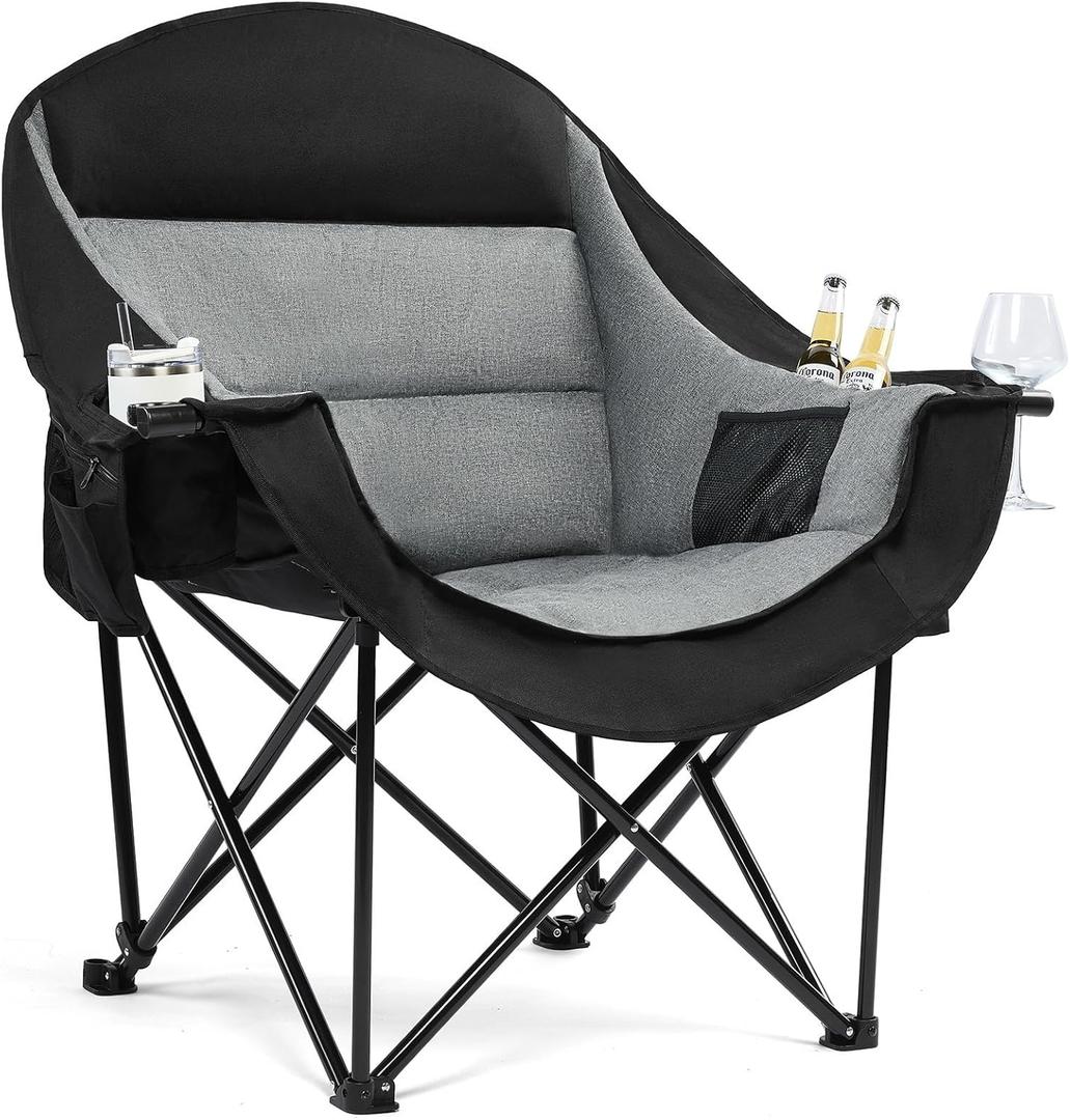 Oversized Camping Chairs for Adults - Heavy Duty Padded Outdoor Folding Lawn XL Camp Chair with Cup Holder Cooler Pockets for Outside Sports Beach Fishing Garden Portable Supports 500lbs, Black, 38.6 Inches X 23.1 Inches X 18.5 Inches