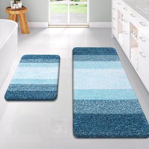 OLANLY Bathroom Rug Set 2 Piece, Soft Absorbent Microfiber Bath Rug Set, Non-Slip, Machine Wash Dry, Plush Shaggy Bath Mats for Bathroom, (47" x 20" + 24" x 16", Peacock Blue)