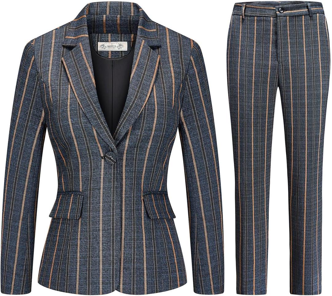 Womens 2 Piece Plaid Suits Set Business Office One Button Blazer Jacket Casual Long Sleeve Pant Suit Set (Small)