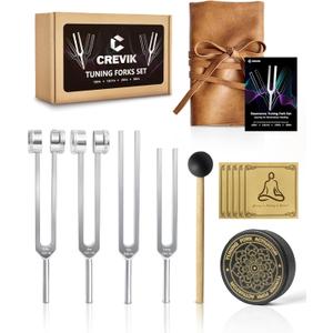 Tuning Forks for Healing Set - 128Hz, 136.1Hz, 256Hz, 384Hz Weighted & Unweighted Tuning Fork Kit with Hockey Puck Activator - Chakra Sound Therapy Instruments for Meditation & Yoga in Pouch