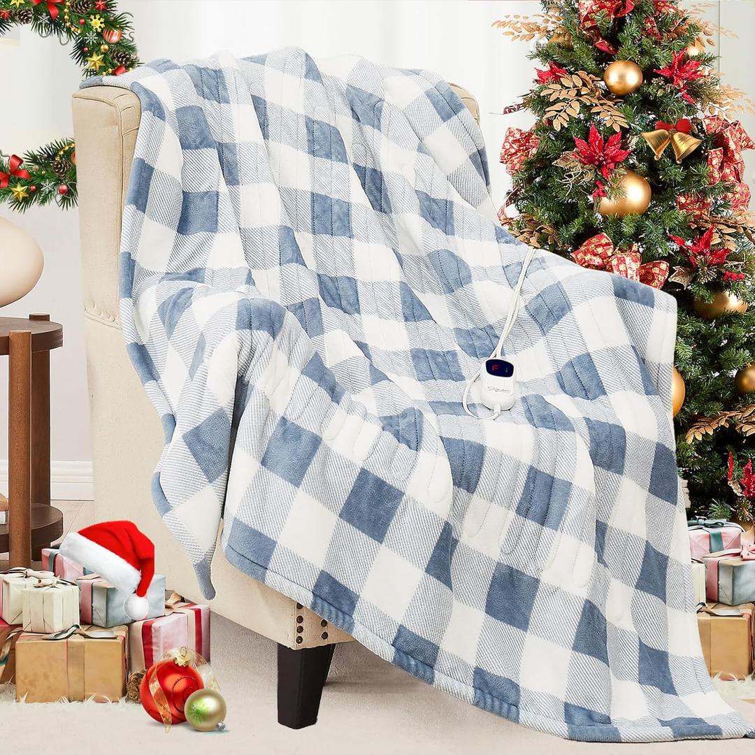 Homemate Electric Blanket Heated Throw - 50x60 Ultra Soft Cozy Flannel Heating Blanket with 10 Fast Heat Levels 8 Hours Auto Off Over-Heated Protection ETL Certification Keep Warm in Home Office (Blue-white)