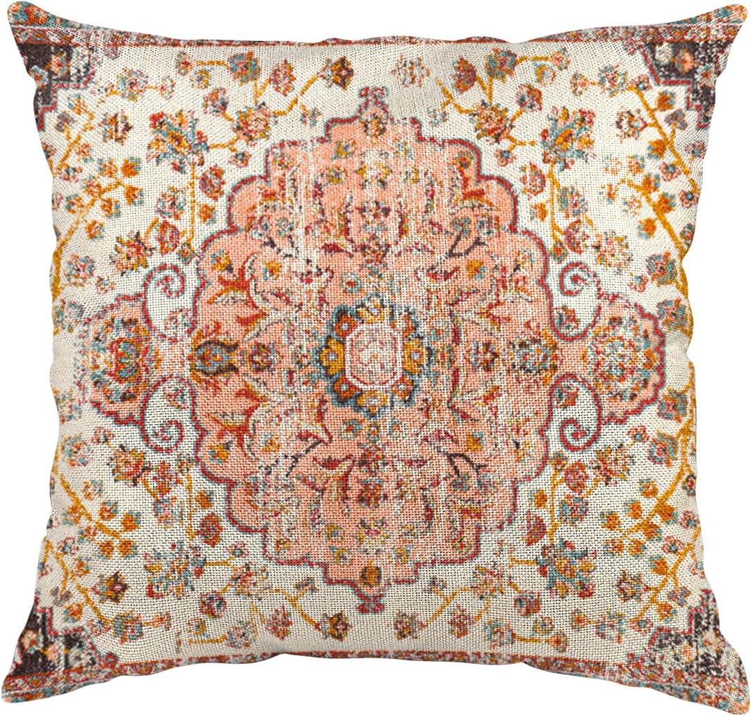 Boho Throw Pillow Cover Orange Carpet Pattern Antique Ethnic Decorative Pillow Cases Home Decor Square 18x18 Inches Pillowcase (Boho Style 3)