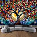 Tree of Life Wall Hanging Decor Tapestry with Stained Glass Colorful Wall Art Large Tapestry Mural Decor Photograph Backdrop Blanket Curtain Home Bedroom Living Room Decoration (79"L x 71"W)