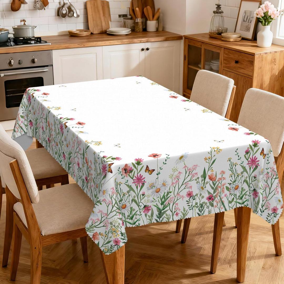 Eikione Rectangular Tablecloth 60x102In, Pink Flower ButterflyTableclothes Outdoor Washable Seasonal Table Cover for Party Picnic Dinner Decor