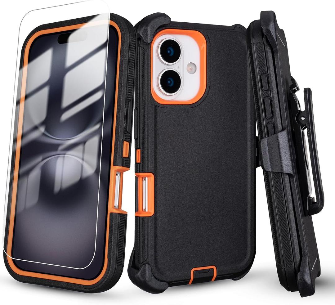 for iPhone 16 Case with Belt Clip Holster + Screen Protector, 3-Layer Heavy Duty Rugged Shockproof Anti-Drop Full Body Protective Case for iPhone 16 6.1 Inch (Black+Orange)