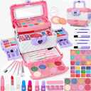 54 Pcs Kids Makeup Kit for Girls, Princess Real Washable Pretend Play Cosmetic Set Toys with Mirror, Non-Toxic & Safe, Birthday Gifts for 3 4 5 6 7 8 9 10+Years Old Girls Kids (Pink White)