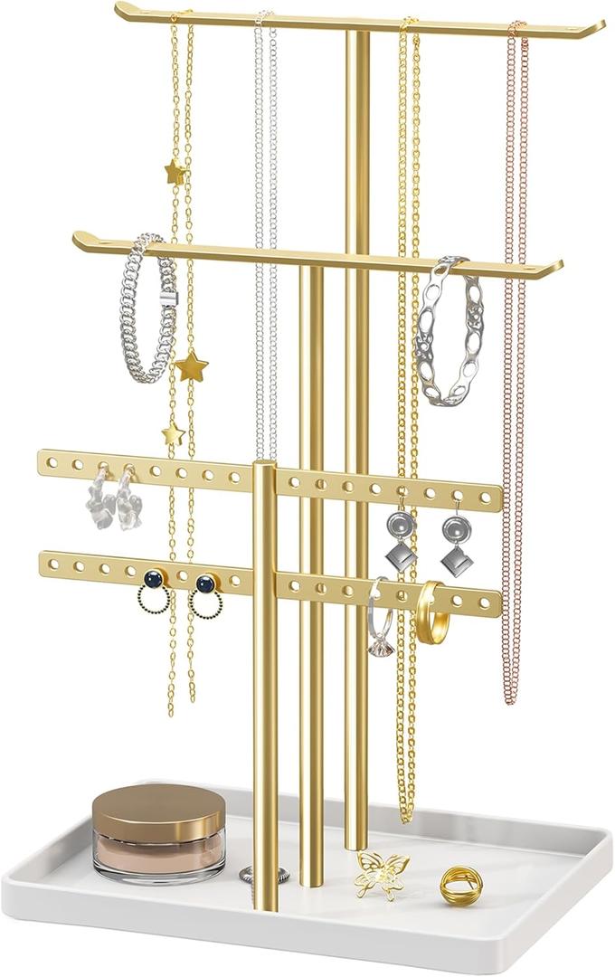 pickpiff Jewelry Stand Holder Organizer: 14.5" Sturdy Hanger for 80 Pcs Jewelry, Gift for Women, Gold Jewlery Tower for Necklace, Earring, Bracelet
