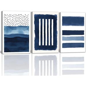 Blue Abstract Wall Art Canvas - Navy and White Framed Painting for Living Room, Bedroom, Office Decor - 16x24 Inches Set of 3(Blue,16.00" x 24.00" x 3Pcs)