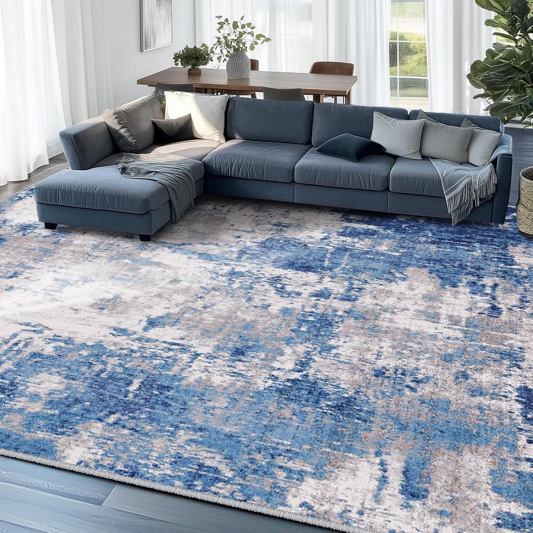 RELEANY Washable Area Rugs 7'x9' Non-Slip Modern Abstract Soft for Living Room Entryway Bedroom Nursery, Print Pattern, Blue Grey Navy Gray