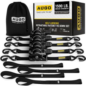 AUGO Self-Locking Retractable Ratchet Straps | 4 Heavy Duty Self-Tensioning Retractable Tie Down Straps with Soft Loops & Storage Bag | for Motorcycle, Truck, Cargo | 1500Lb Break Strength 1 x 12 (Black)