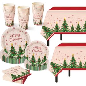 Christmas Party Supplies,102 Pcs Merry Christmas Themed Party Set,Xmas Dinnerware Sets,Xmas Tablecloths Plates Cups Napkins,Holiday Tableware For New Year,Outdoor Picnic,Home,Dinner Party Decoration