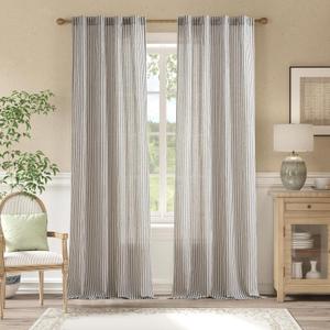 jinchan Linen Curtains Charcoal Grey on Beige Striped Curtains for Living Room Bedroom Ticking Stripe Light Filtering Farmhouse Cottage Core Rustic Back Tab Window Treatment 2 Panels 84 inches Long