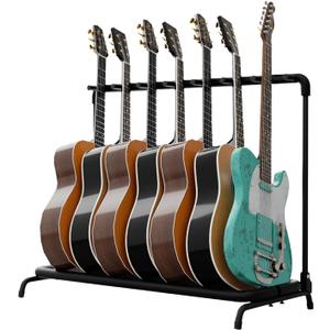 Flexzion 7 Guitar Stand Rack - Metal Construction Multi Guitar Rack & Guitar Organizer, Foldable 7 Guitar Holder Stand with Padded Foam Tubing for Electric, Acoustic, Classical Guitars & Basses