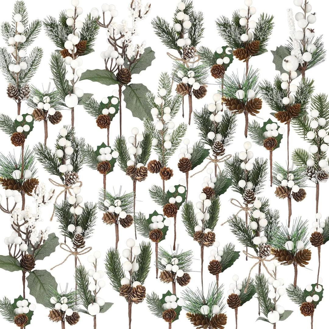 Zeyune 50 Pieces Christmas Floral Picks Christmas Artificial Snowy Berry Picks Stems Small Faux Cedar Pine Needles Branche with Pinecones for Floral Arrangement Wreath Garland Greenery (White)