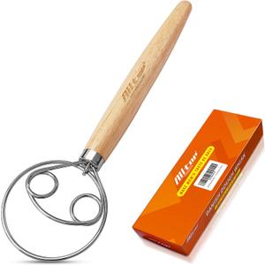 ALLTOP Danish Dough Whisk - Ultimate Dutch Mixer Hand Utensil with Stainless Steel Dough Hook - Essential Sourdough Stirring Stick for Perfect Bread Making Tool (Large)