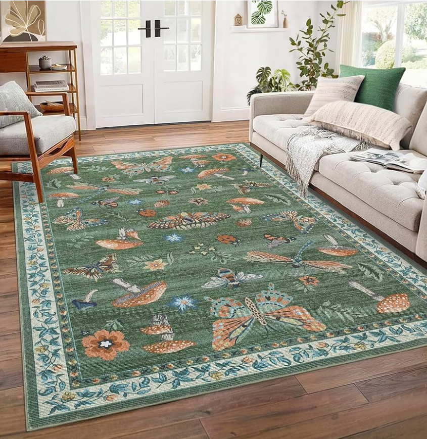 Mushroom Washable Rug 5x7 Area Rugs for Living Room, Insect Print for Bedroom, Non Slip Throw Rugs with Rubber Back, Soft Low Pile Dining Room Carpet for Under Table, Green
