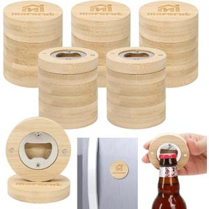30pcs Bamboo Bottle Opener, Bulk Wooden Openers, 2.6" Fridge Magnetic Round Beer Opener Sticker for DIY Bar Decoration Refrigerator Coaster Gift Guest Lover Wedding Kitchens Home Parties, with Logo