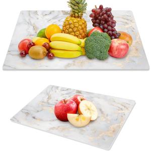 JAMBALAY Tempered Glass Cutting Boards for Kitchen, Gold 12"x8" & 16"x12" Glass Cutting Board Set with Marble Design, With Non Slip Foot, Shatter and Heat Resistant, Dishwasher Safe