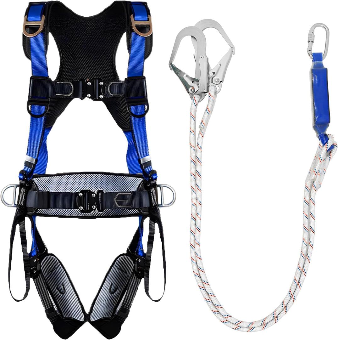 NewDoar Fall Protection Harness,ANSI/OSHA Standards Full Body Roofing Kit,Men Construction Harness Upgrade 4 Quick Buckles,with Shock Absorbing Y Lanyard,Quick Wear Comfort Ergonomic padding
