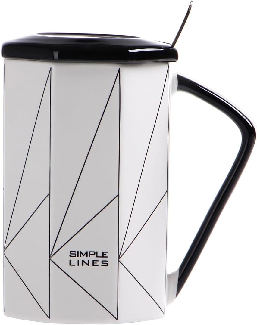 Random blind box Coffee Mug Geometric Patterns Ceramic Tea Cup 14 OZ, Novelty Coffee Mug with Lid and Spoon Tea Milk Cup for Office and Home Birthday Anniversary Choice for Women and Men (Black White)