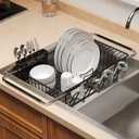 Over the Sink Expandable Dish Drainer Drying Rack In Stainless Steel for Small Kitchen, Counter Space Saving Modern Compact Metal Above Plate Dryer Strainer, Adjustable Hanging Inside Drain Holder, 16.9"D x 12.2"W x 4.1"H