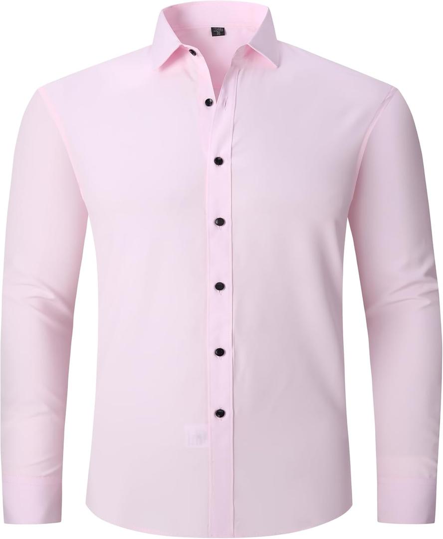 Men's Long Sleeve Button Down Shirts Soft Wrinkle Free Stertch Casual Business Formal Work Dress Shirt (Pink, M)